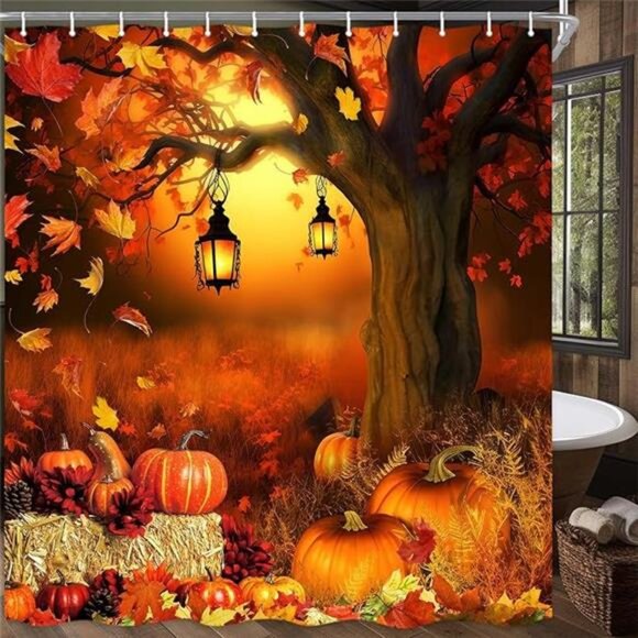 New Fall Harvest Pumpkin Shower Curtain w/Autumn Leaves -69x70" Farmhouse Decor - Picture 7 of 7